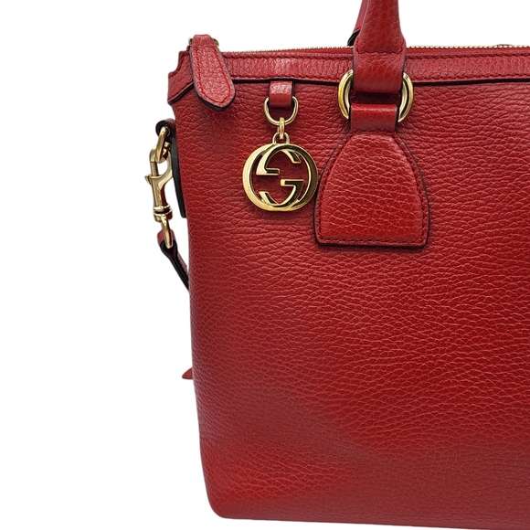 Gucci Interlocking GG Charm Pebbled Leather Satchel Bag Red 449659 - Picture 5 of 16